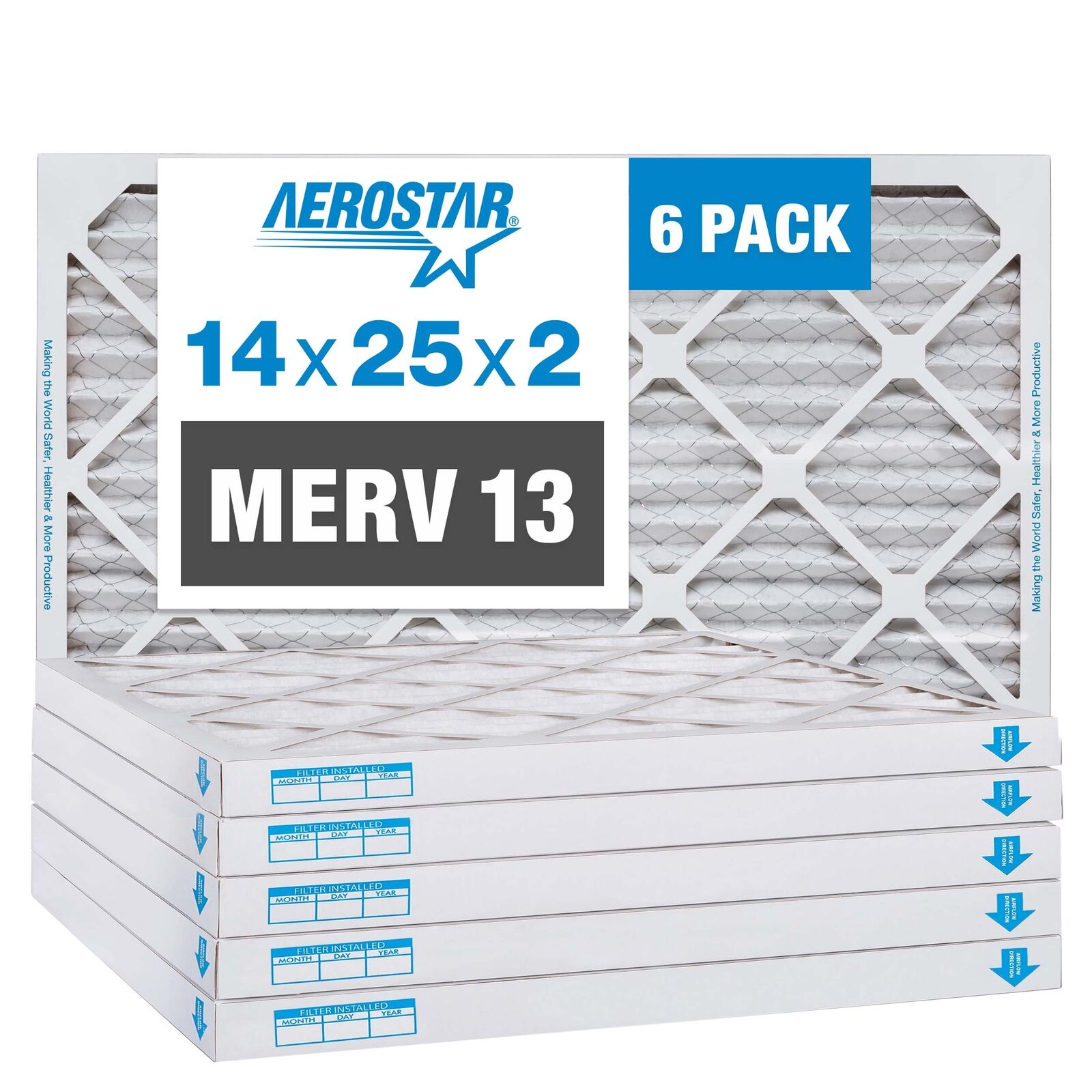 Aerostar 14x25x2 MERV 13 Air Filter, 6 Pack (13 1/2\
