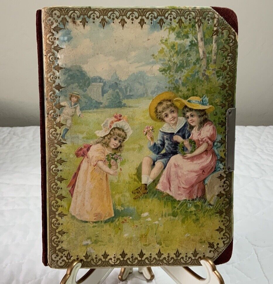 Vintage Antique Victorian Photograph Album, Celluloid Cover With Girls & Boys