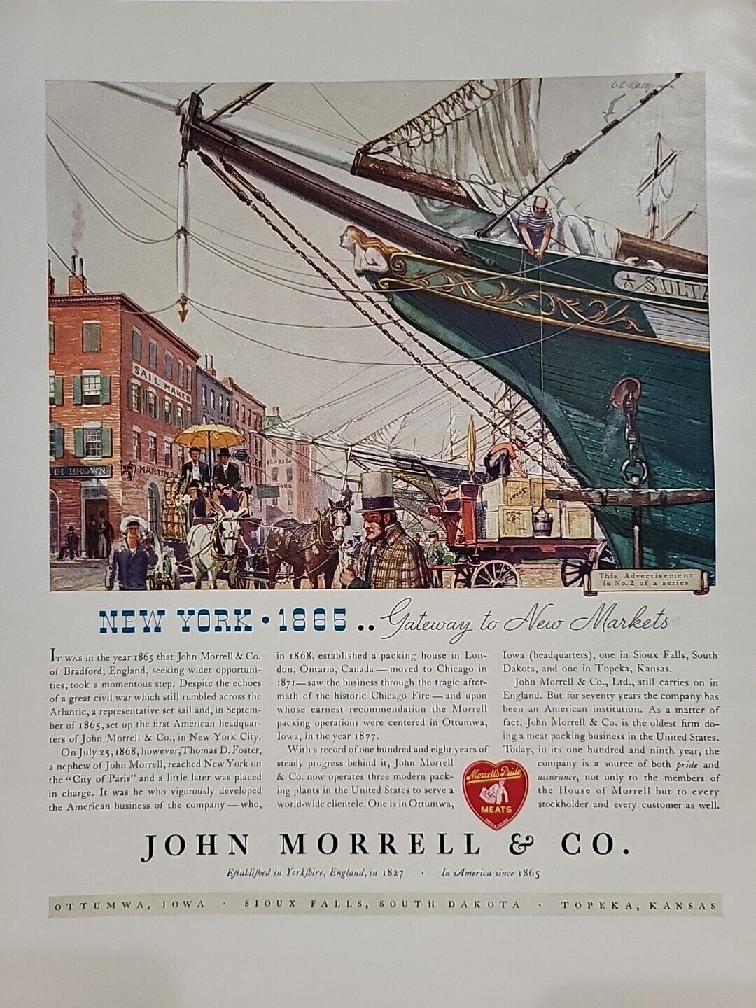 1935 John Morrell & Co.  Fortune Magazine Print Advertising Ship NYC 1865 Horses