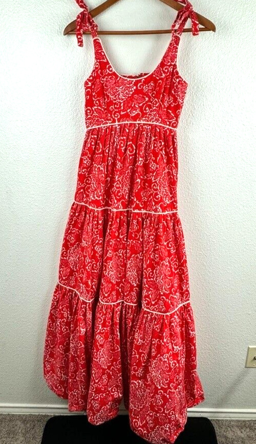 Victor Costa Dress Red White Sun Dress Womens Size XS/Small Maxi Tiered Vintage