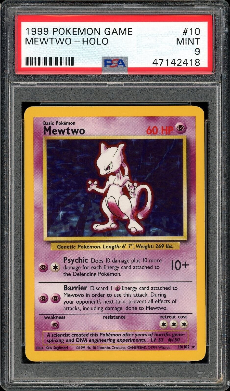 Pokémon Mewtwo 10/102 Holo Rare 1999 Pokemon Base Set PSA 9 Mint