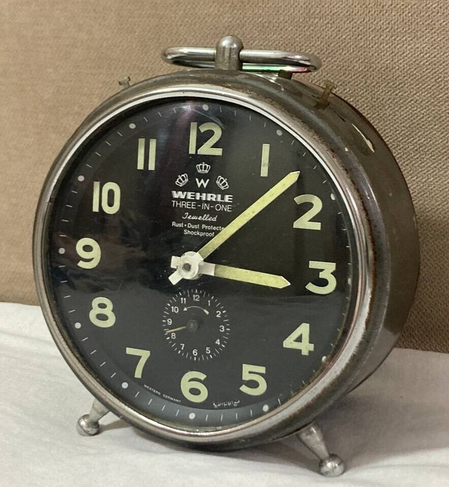 Vintage Wehrle Alarm Clock Three-in-One Western Germany 1960 Table Works Jewels