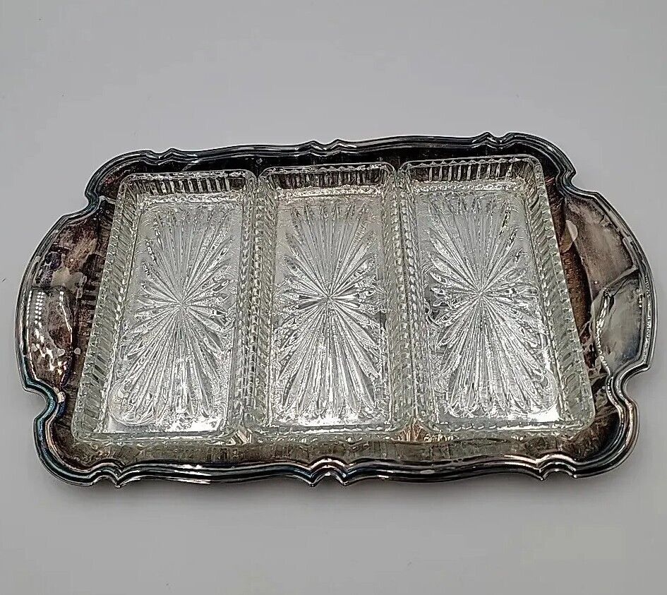 Vintage 1987 Oneida Silverplate Chippendale Relish Tray w/3 Glass Liners  14.5\