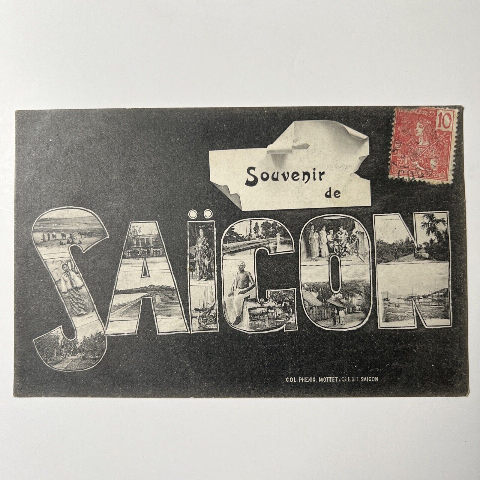 antique c. 1917 SOUVENIR of SAIGON Vietnam Postcard Stamped France
