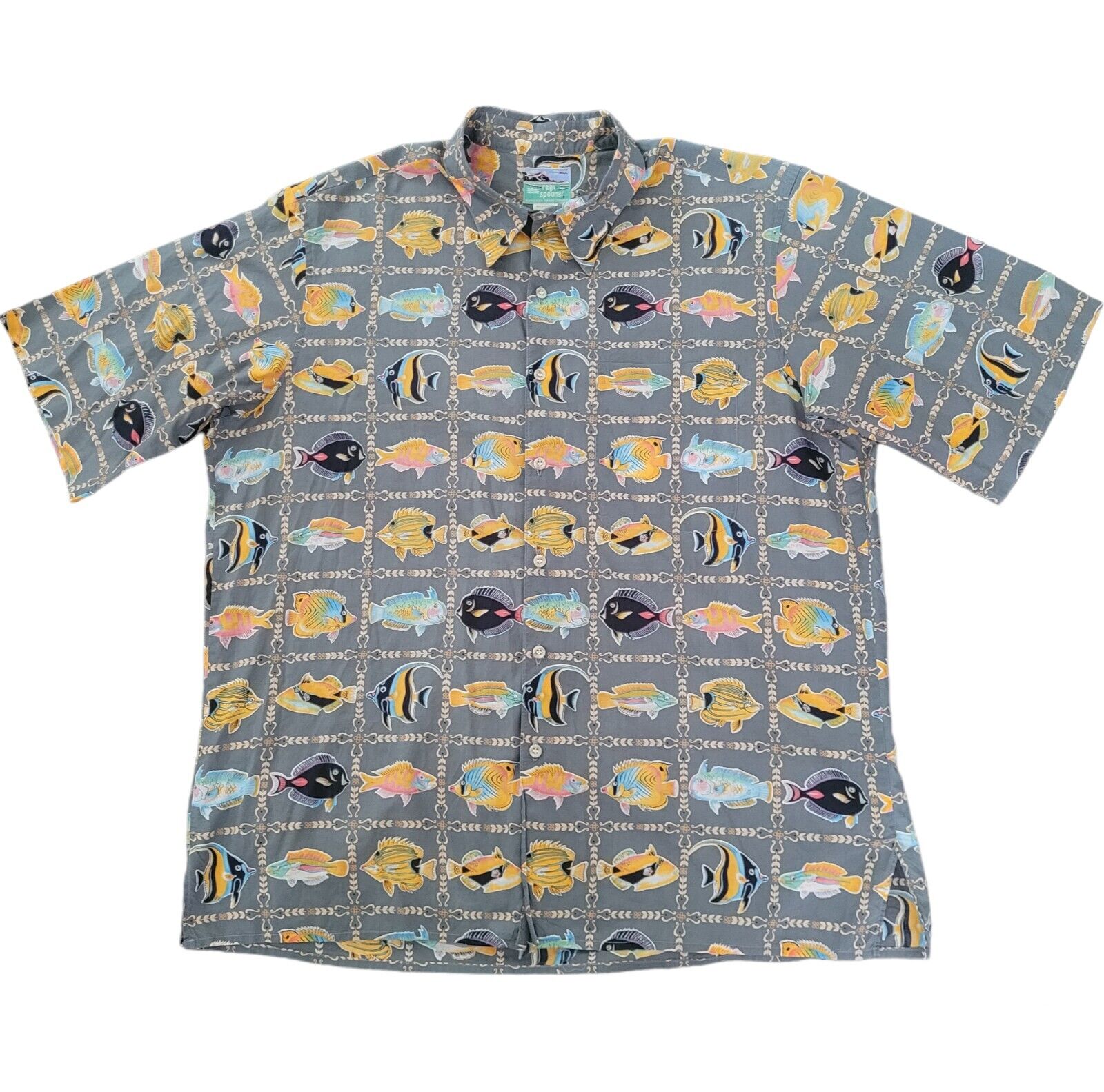 Reyn Spooner Hawaiian Shirt Tropical Fish Print Gray Men’s Size Large 
