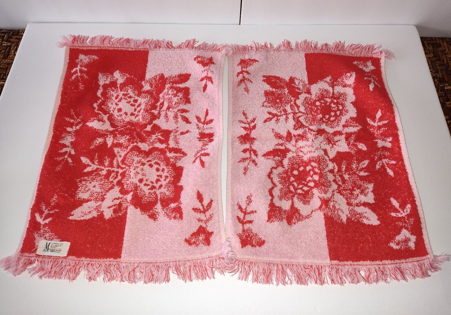 Pair of Vintage Martex Luxor Red & Pink Floral Pattern Hand Towels w/ Fringe 