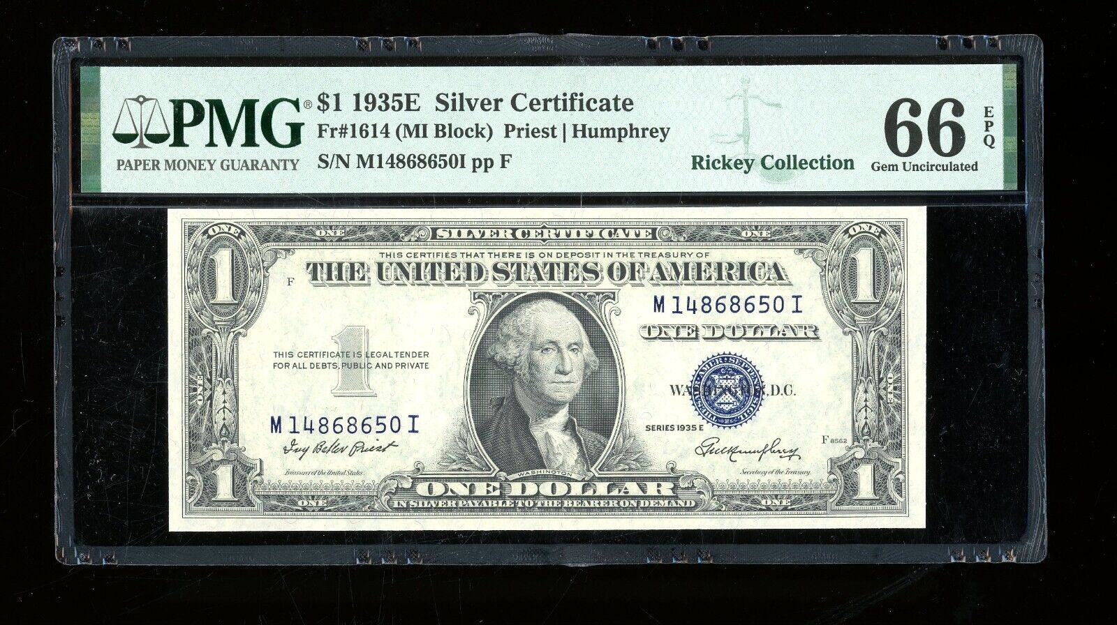 DBR 1935-E $1 Silver Gem Fr. 1614 MI Block PMG 66 EPQ Serial M14868650I