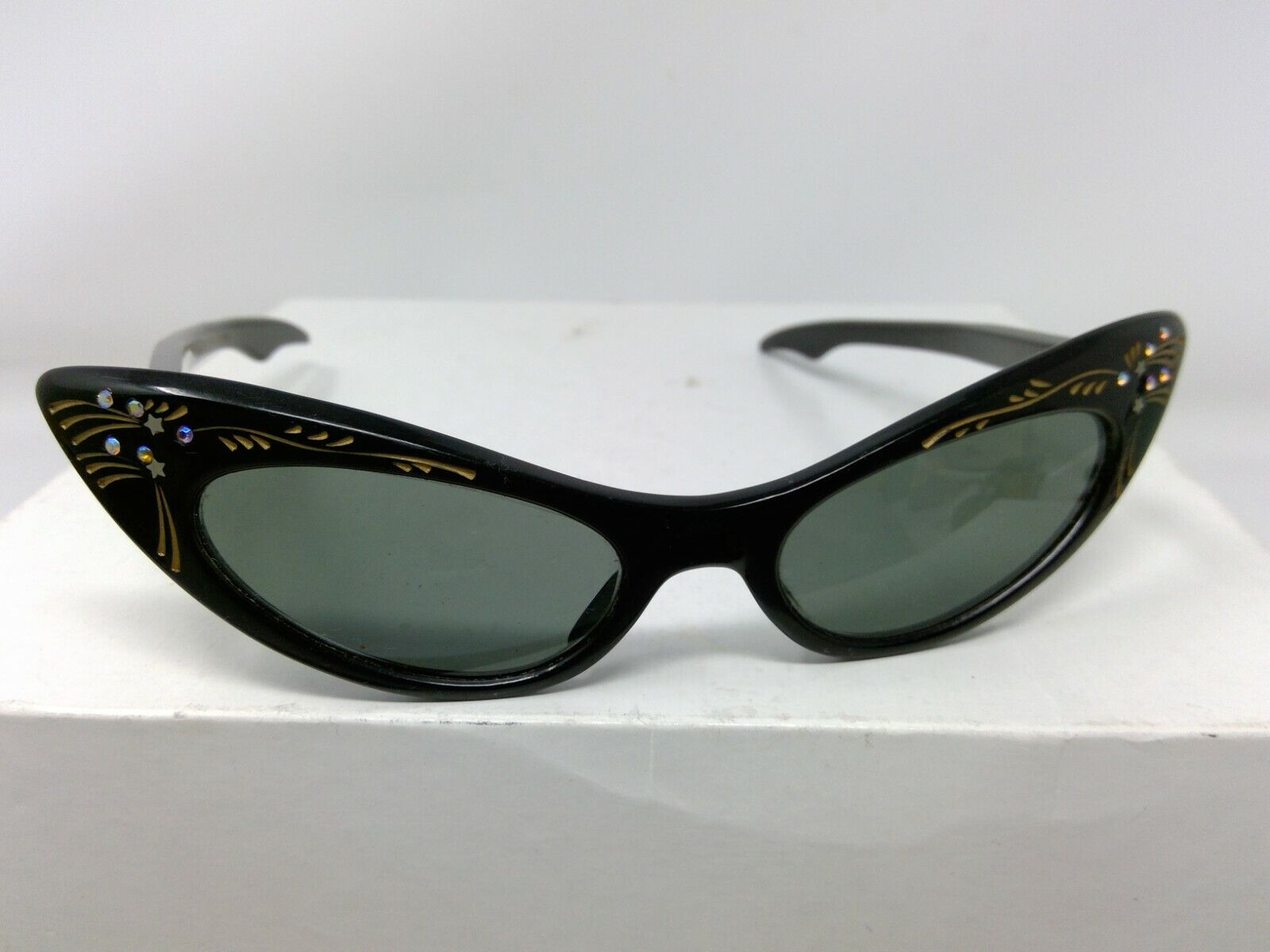 Vintage Pair of Made in France Black Cat Eye Sunglasses with Iridescent Stones