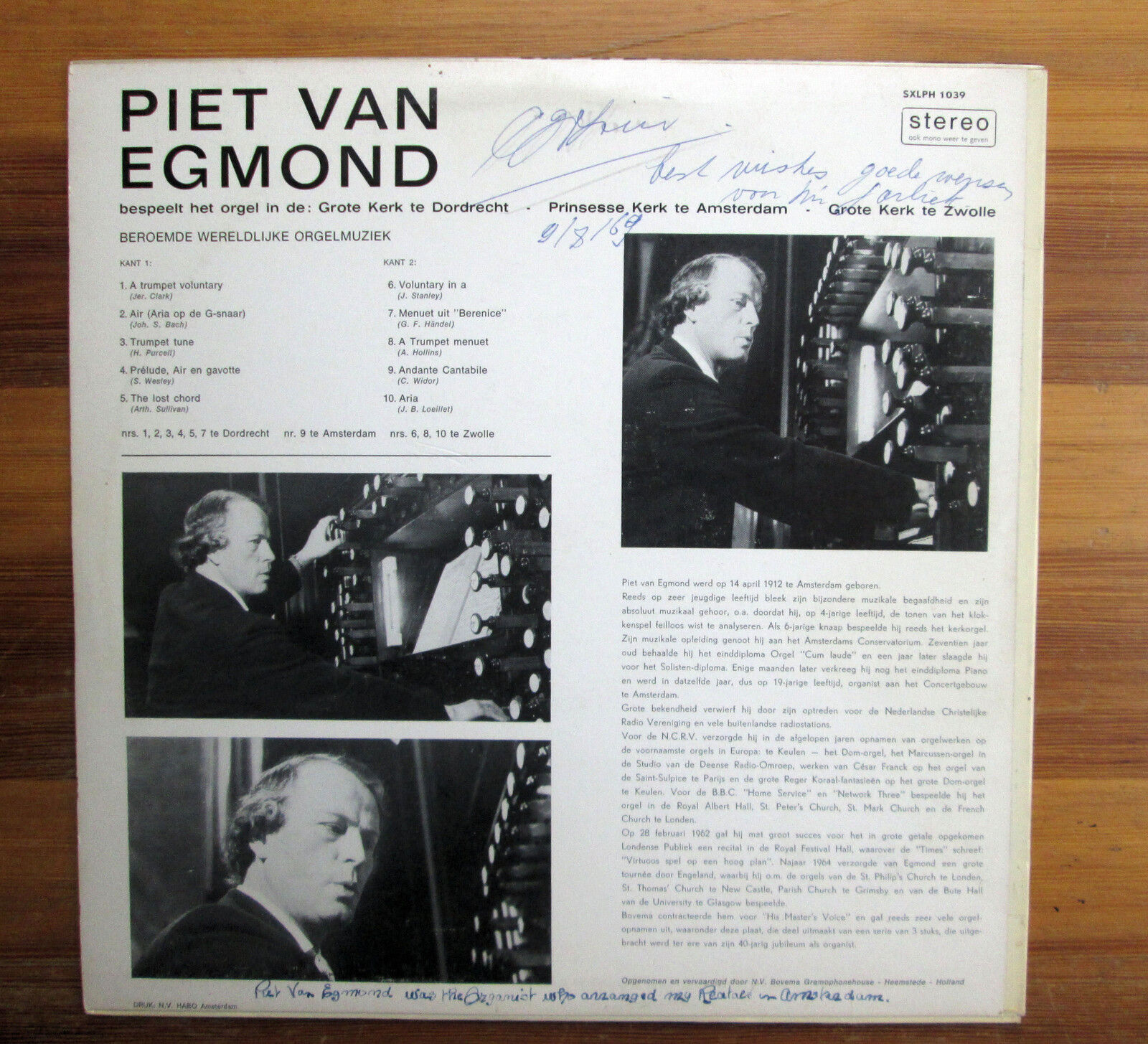 Piet Van Egmond SIGNED Handel Purcell Organ Music SXLPH 1039