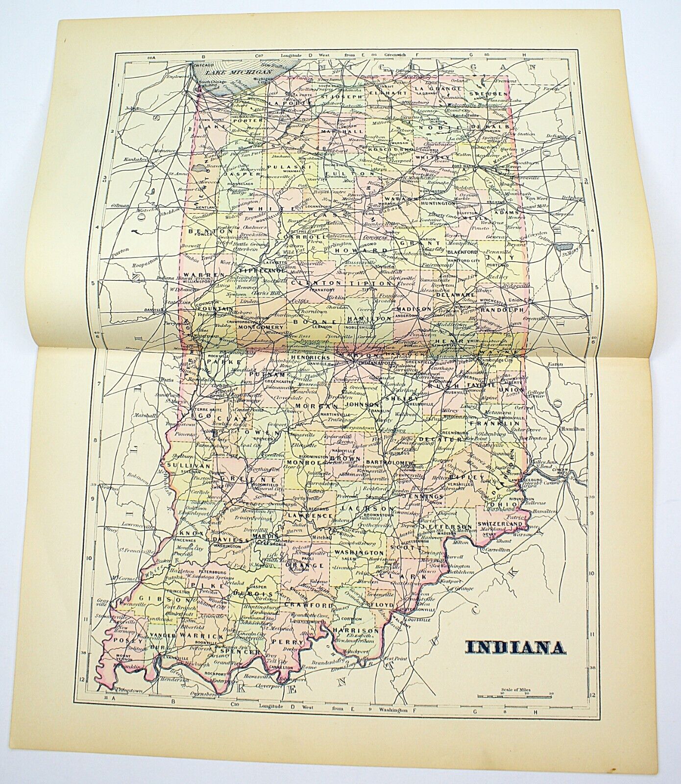 1898 Map of the State of INDIANA Hand Colored Lithograph 13.5 x 10.75