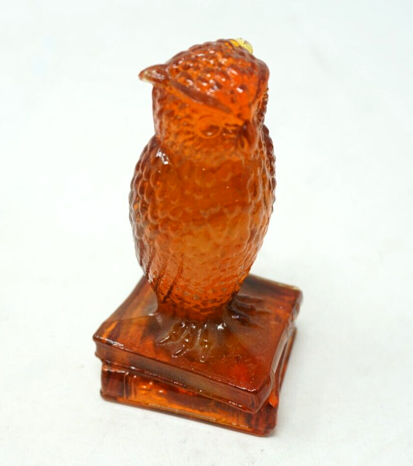 Vintage Degenhart Glass Amber Wise Owl Books Figurine UV Glow
