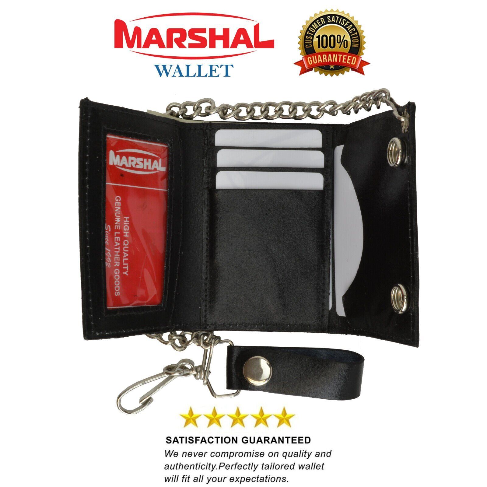 Marshal Genuine Leather Men\'s Trifold Wallet with Chain Biker Trucker Black