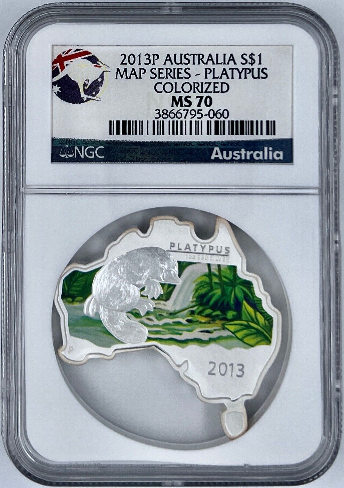 2013-P Australia $1 Map Series Platypus Colorized Silver Coin NGC MS 70 .999