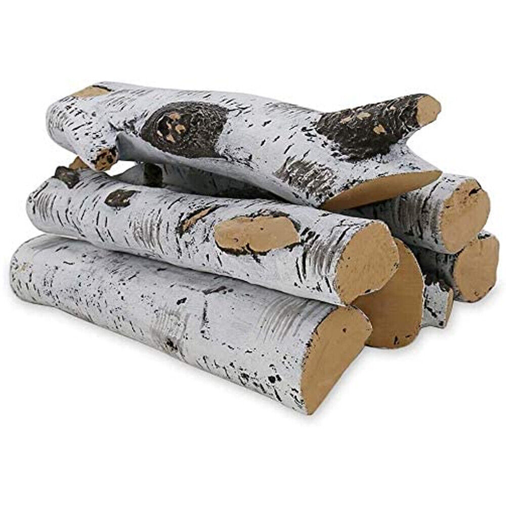 QuliMetal Ceramic White Birch Wood Log, Large Gas Fireplace Logs Set 6 Pcs