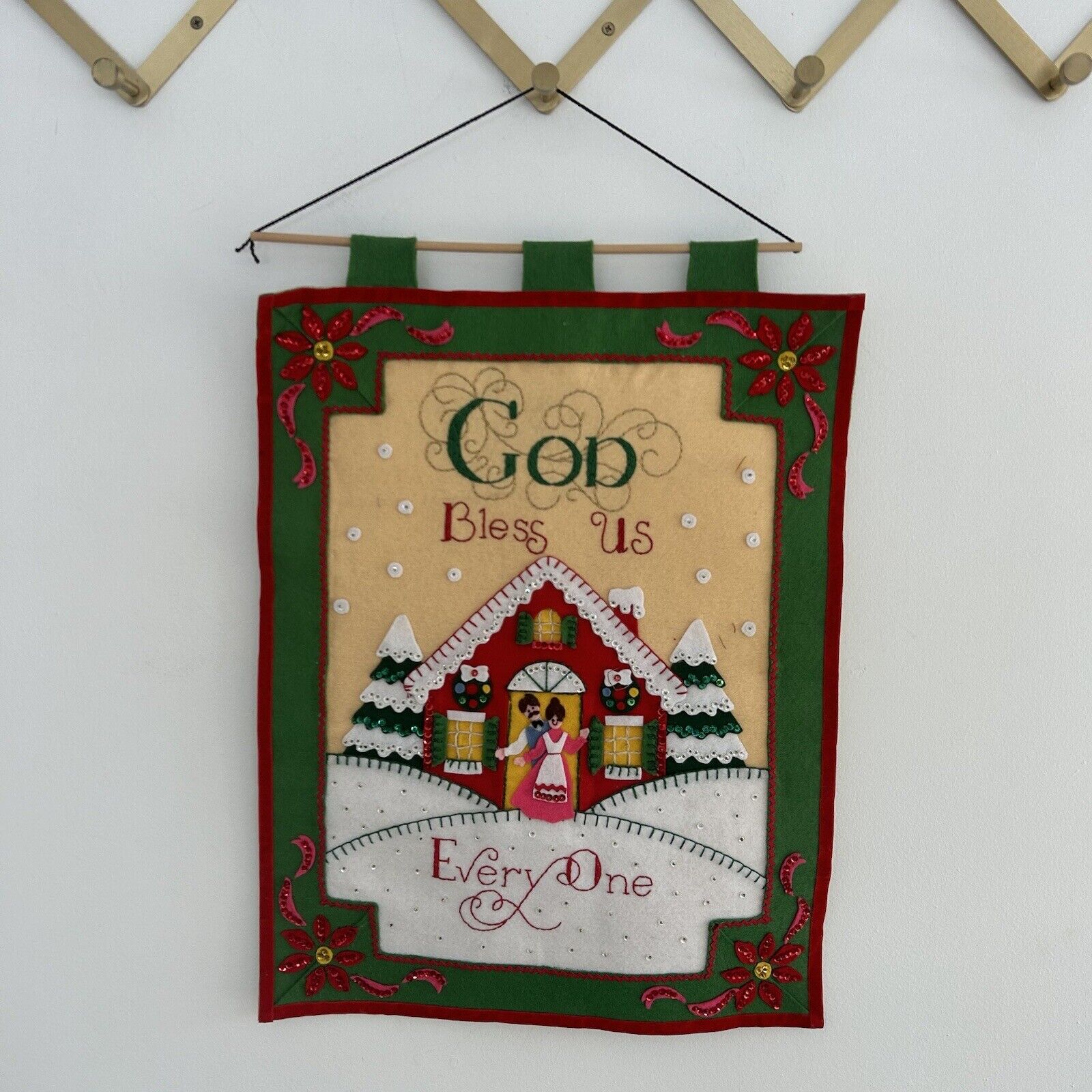 Completed Vintage Bucilla Felt Sequin Christmas Hanging God Bless Us Everyone