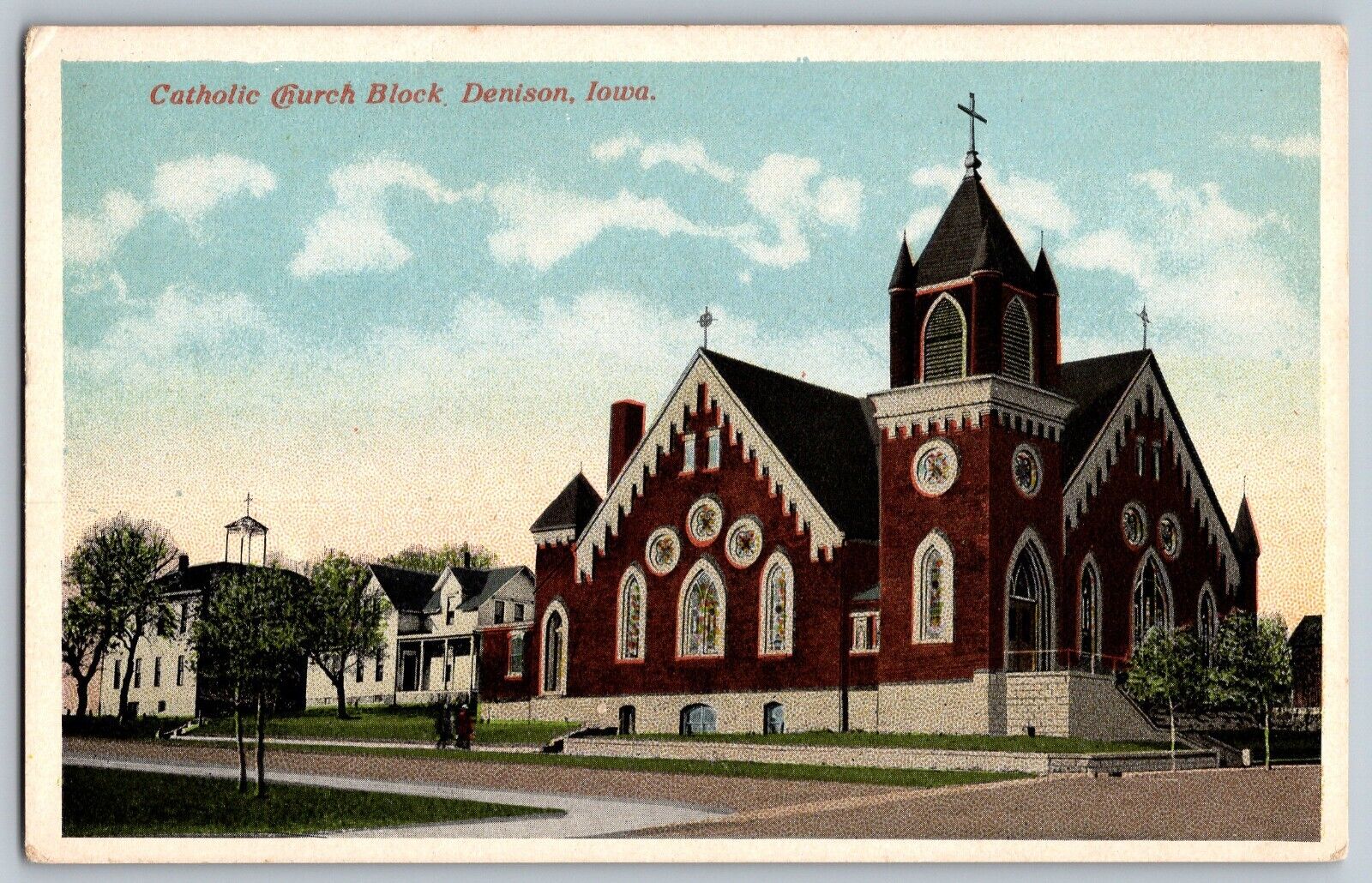 Denison, Iowa IA - Catholic Church Block - Vintage Postcards - Unposted