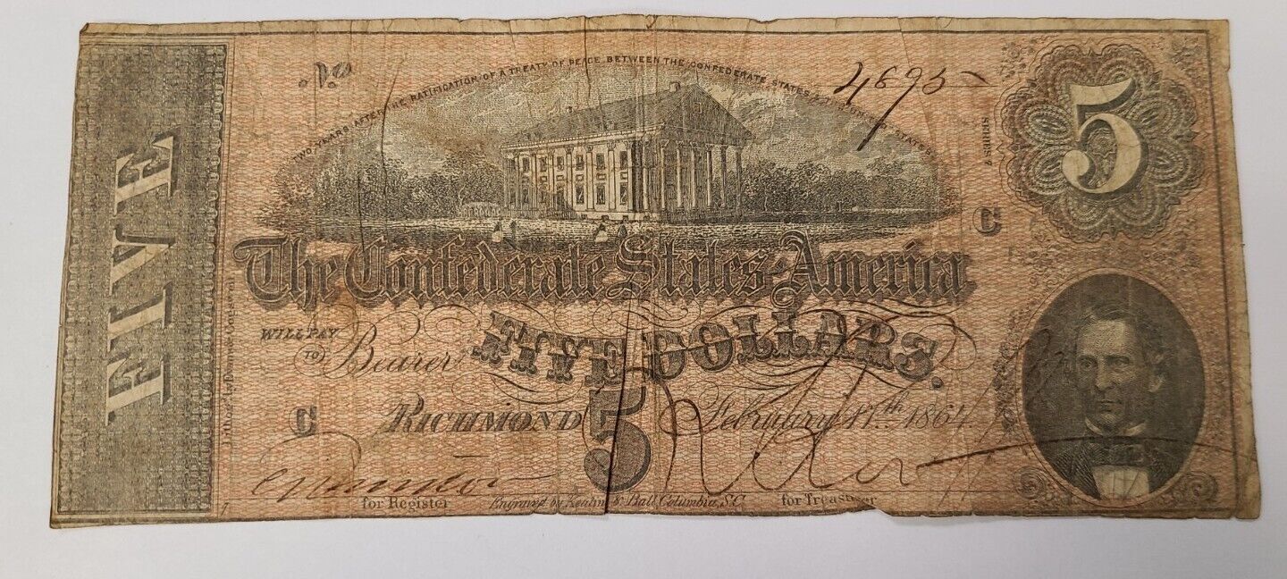 T-69 1864 $5 Confederate States Note F Fine LOW SERIAL S/N 4895