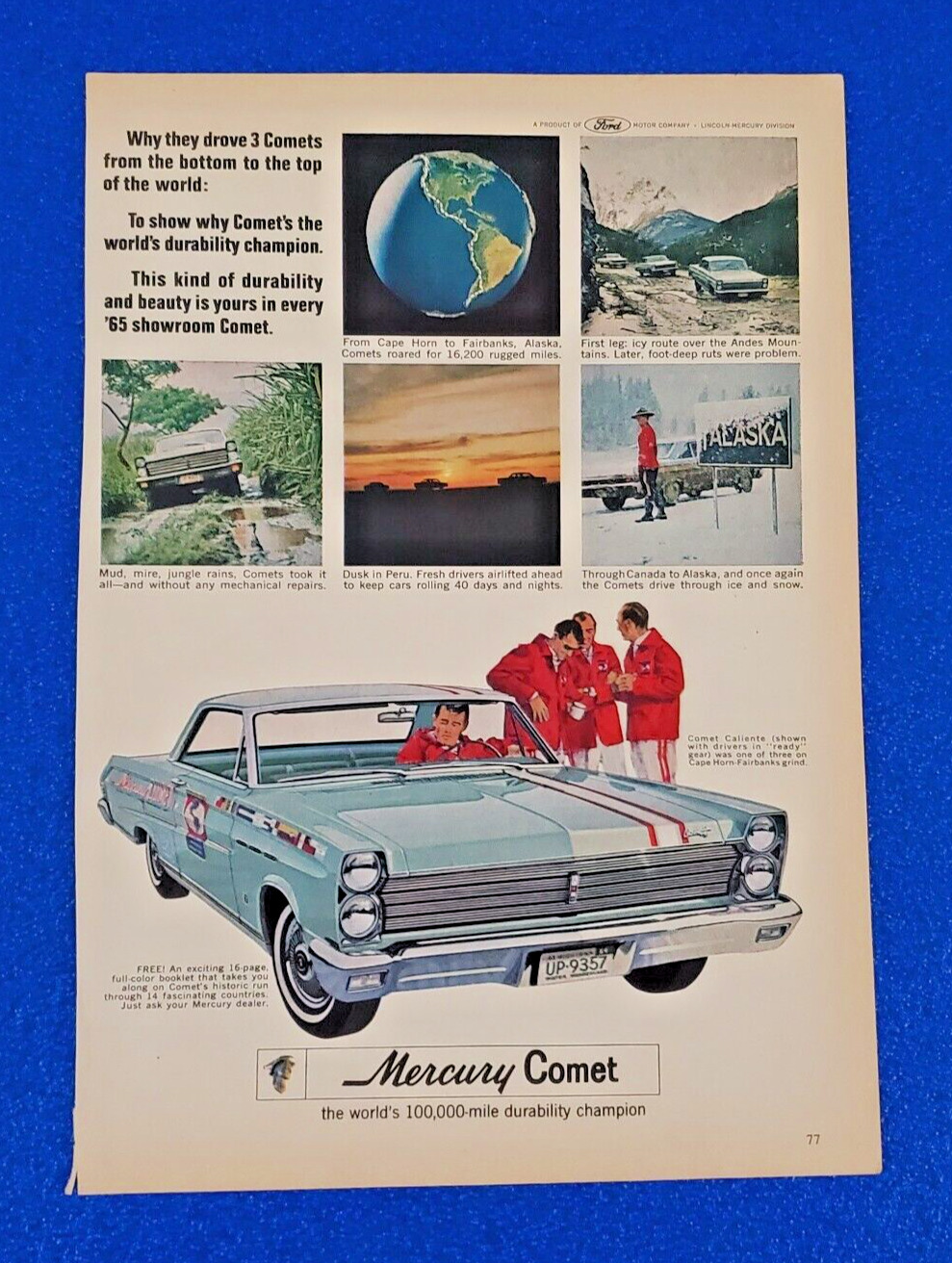 1965 MERCURY COMET ORIGINAL COLOR PRINT AD DURABILITY CHAMPION (LOT BLUE) S24+
