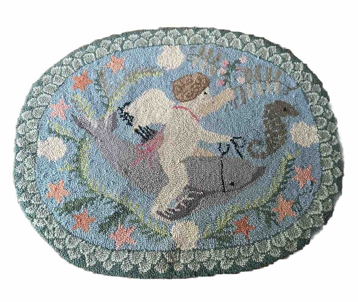 Vintage Claire Murray Hand Hooked Rug Angel On Dolphin sea urchin Oval 28x38