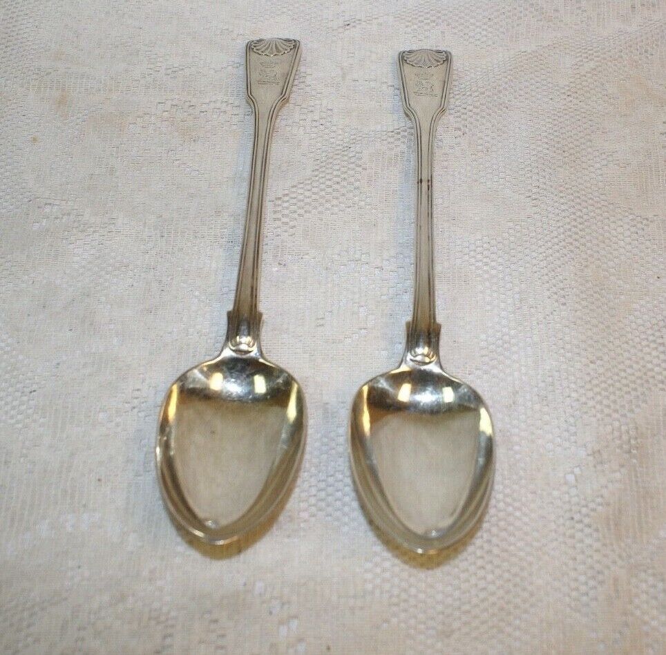 Two Antique John Samuel Hunt Fiddle Shell Serving Spoons_Lion & Crown 10 1/2 Inc