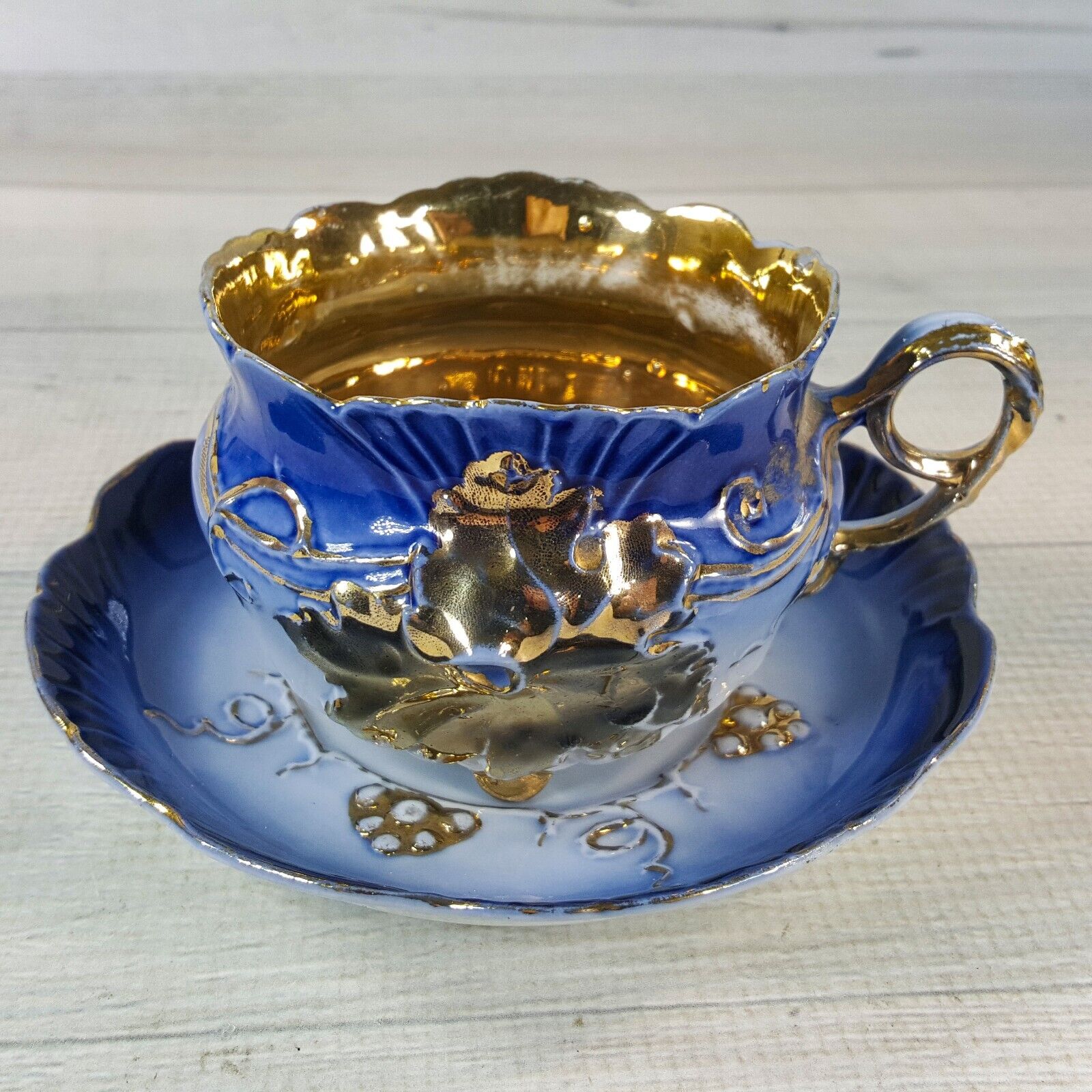 Vintage Blue Gold Footed Tea Cup Saucer w Flowers & Vines Marked 958 Gorgeous