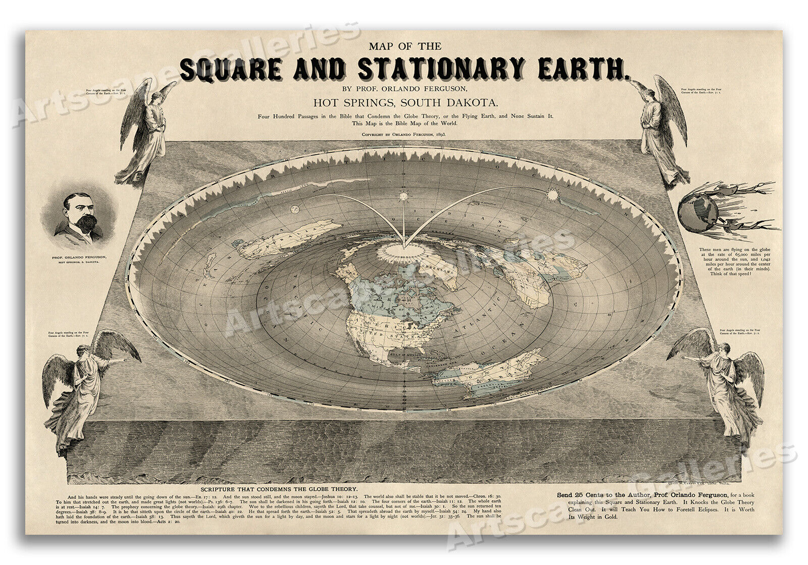 1893 Map of a Square and Stationary Earth - Vintage Flat Earth Map  - 16x24