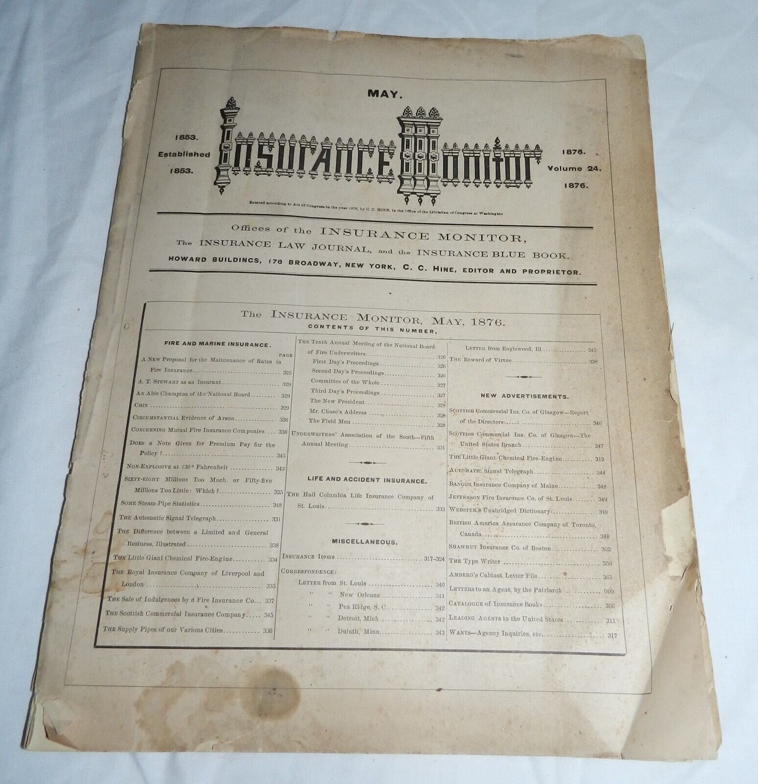 Vintage May 1876 issue of Insurance Monitor Magazine