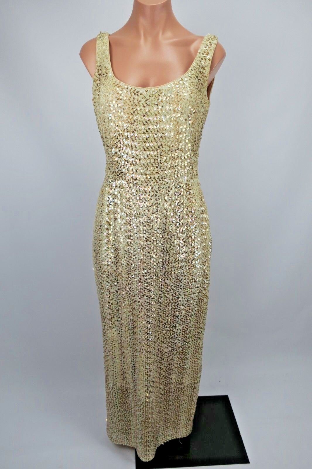 VTG 60s 70s Sequin GOLD Hollywood Glam Open Back Dress Evening Party Gatsby S/M
