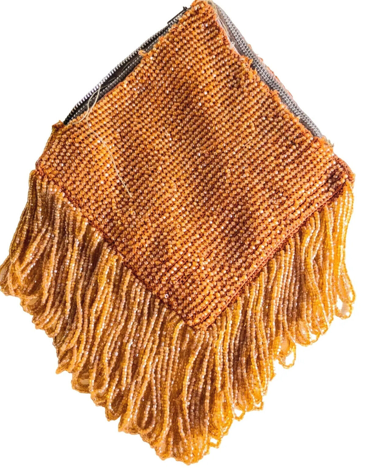 1920s Flapper Amber Orange Glass Beaded Clutch Triangle Fringe Handbag Art Deco