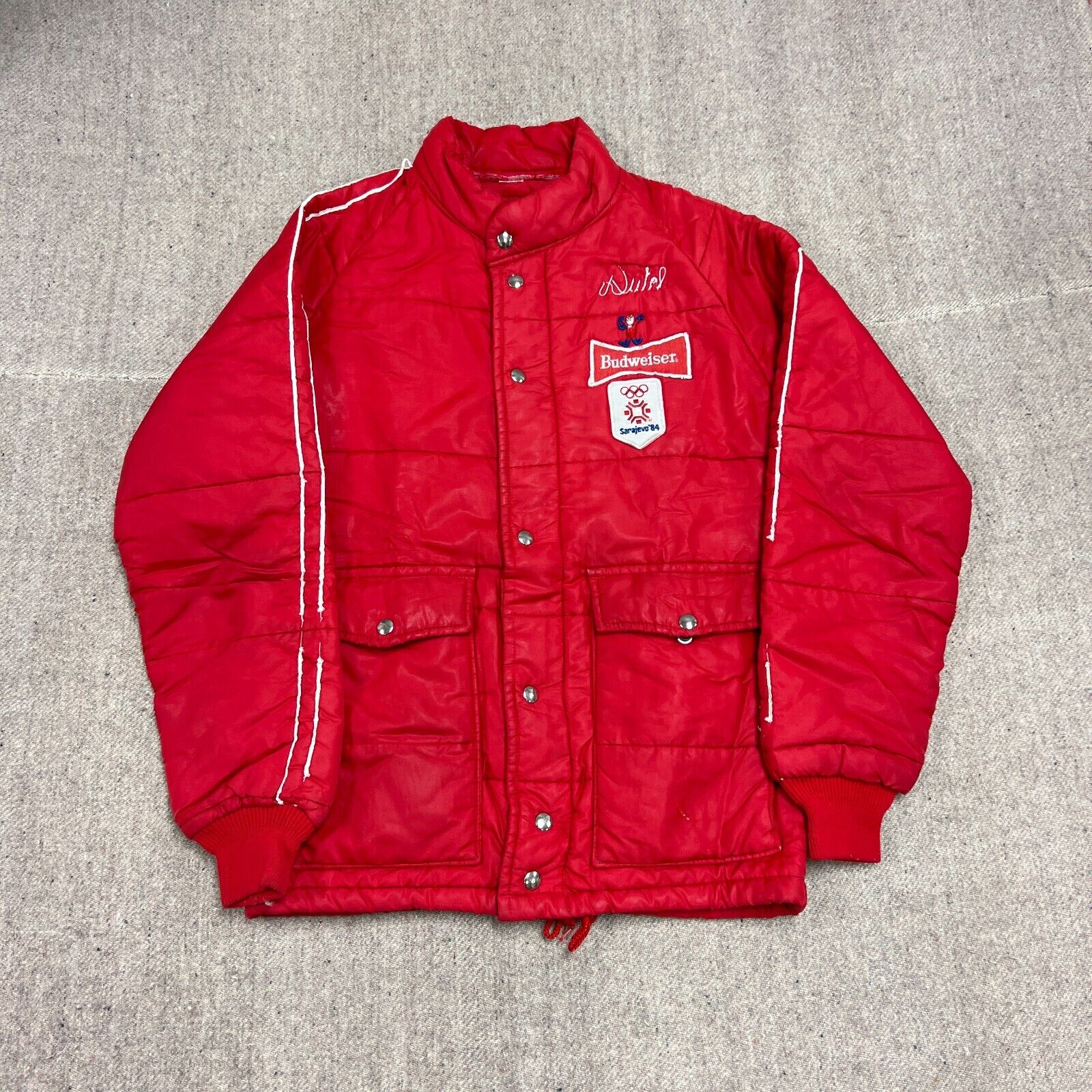 Vintage Sarajevo Olympics Jacket Mens Medium Red 1984 Budweiser Chain Stitch