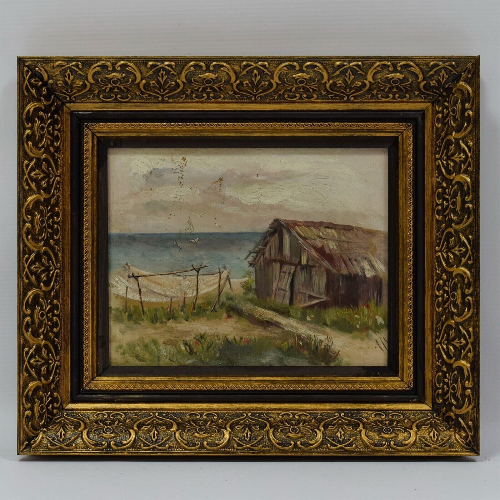 1898 Old oil painting Fisherman\'s hut on the beach 13.8 x 12.2 in