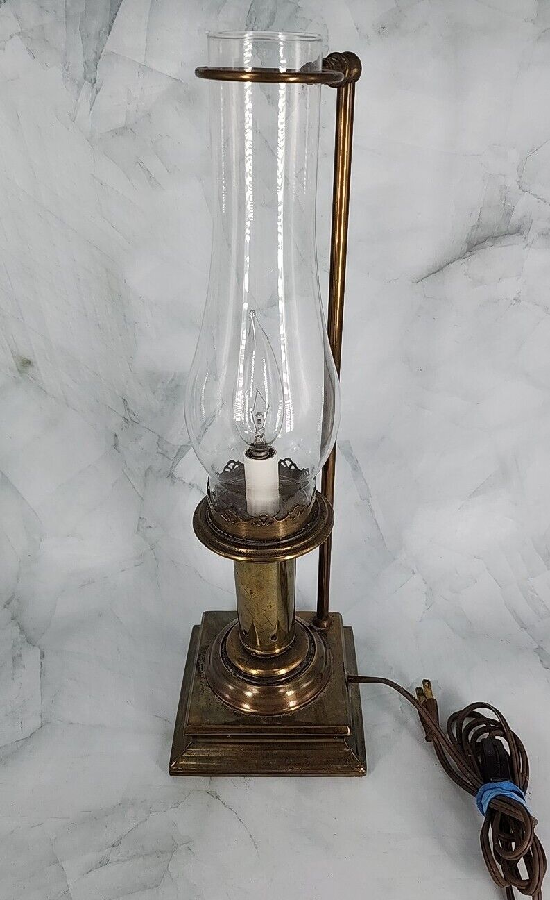 Mid Century Brass Hurricane Table Lamp Simple Library Office Bedside Eclectic 