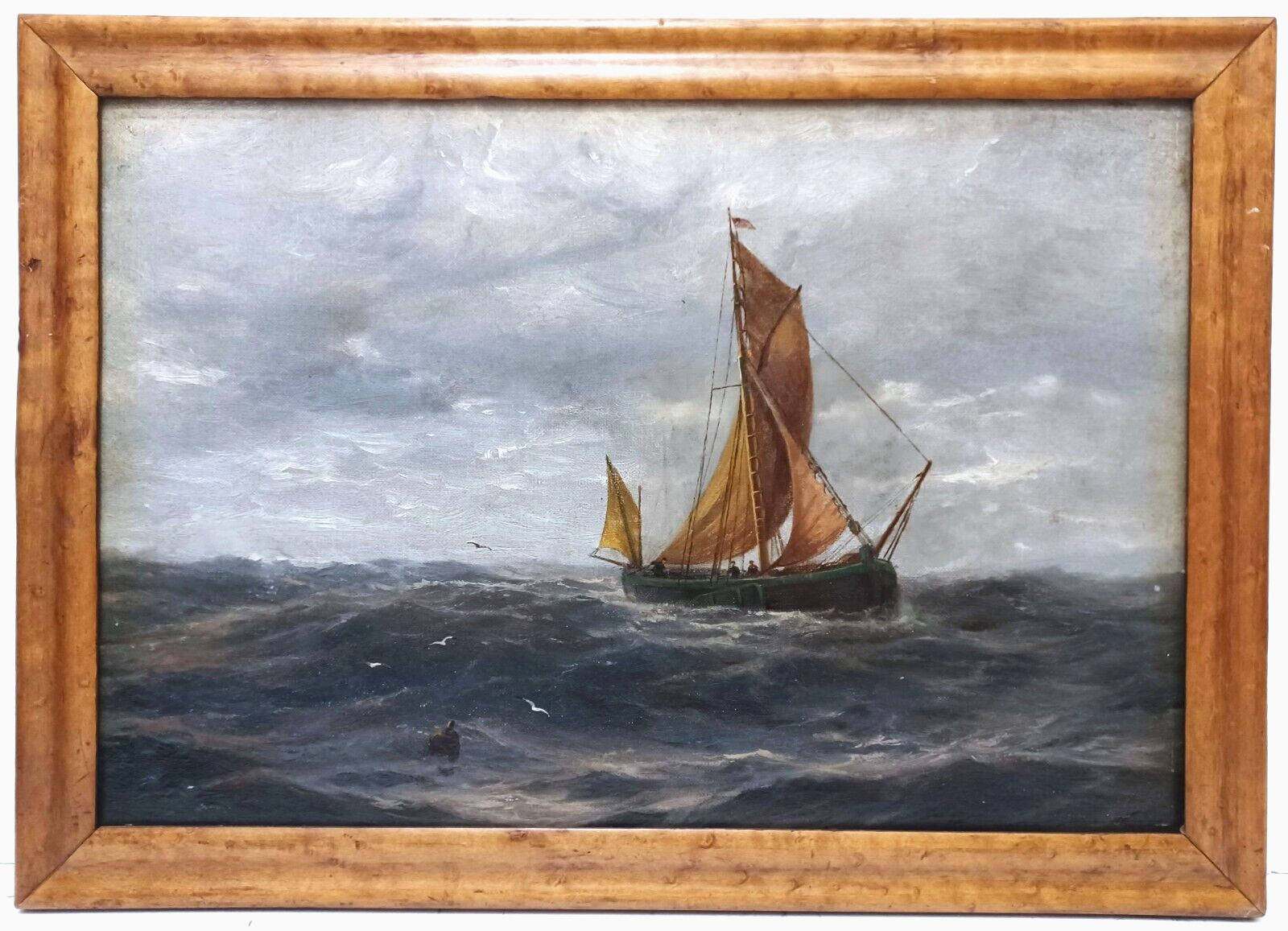 19th C. AMERICAN MYSTERY ARTIST LONELY SHIP at SEA NAUTICAL ORIGINAL O/C FRAMED