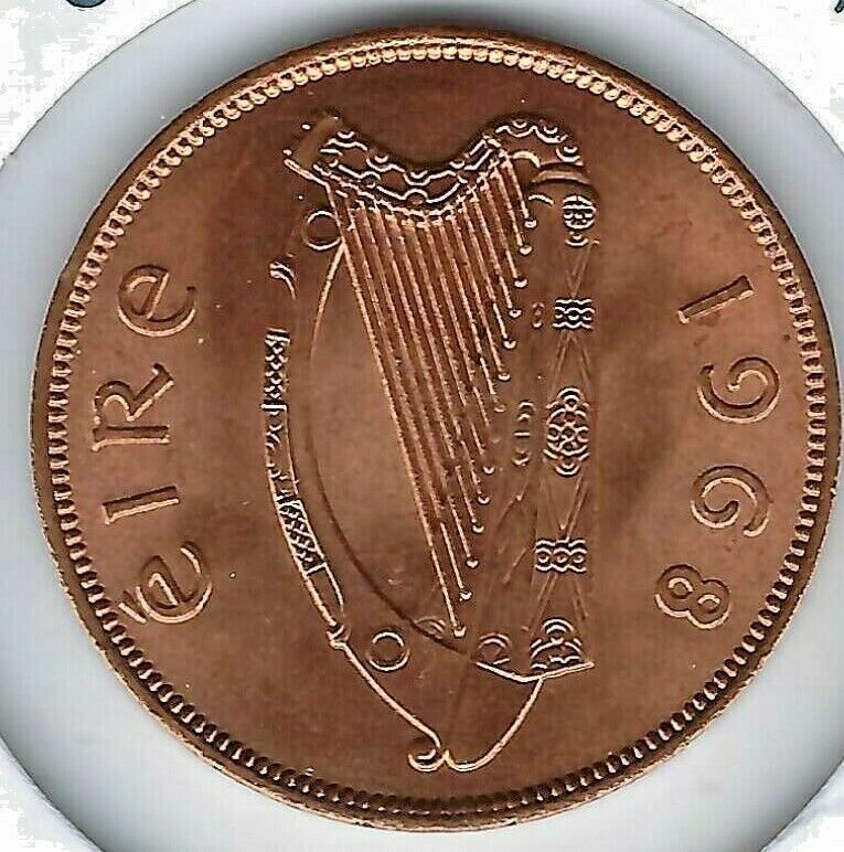 1968 Ireland Uncirculated One Penny Coin with Harp, Hen and Chicks