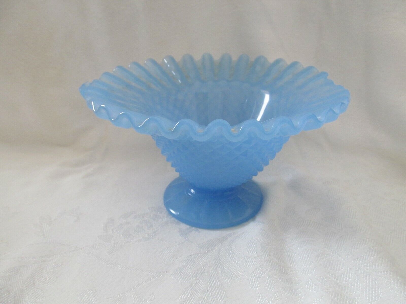 Vtg Delphite Blue Glass Compote Bowl Dish Sawtooth w/ Ruffle Footed