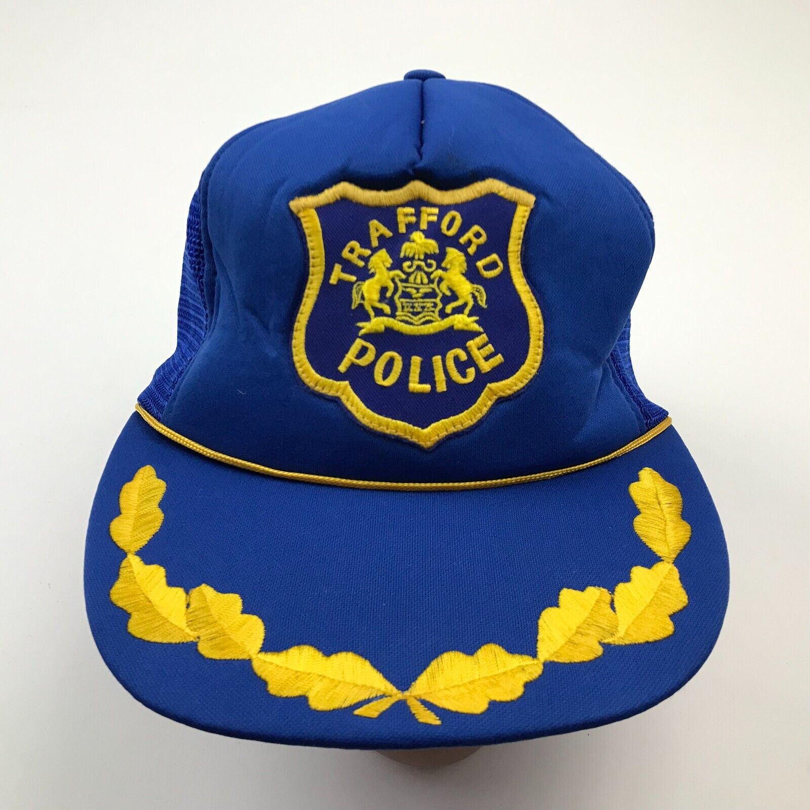 VINTAGE Police Hat Cap Snapback Blue Yellow Trucker Adult Men Rope Mesh Back 80s