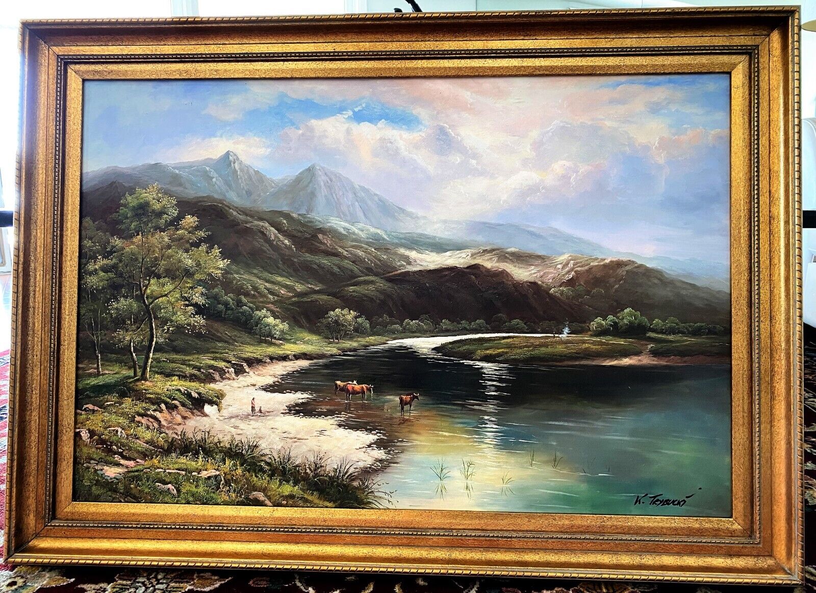 Very large oil on canvas painting - lakeshore landscape - modern gold frame