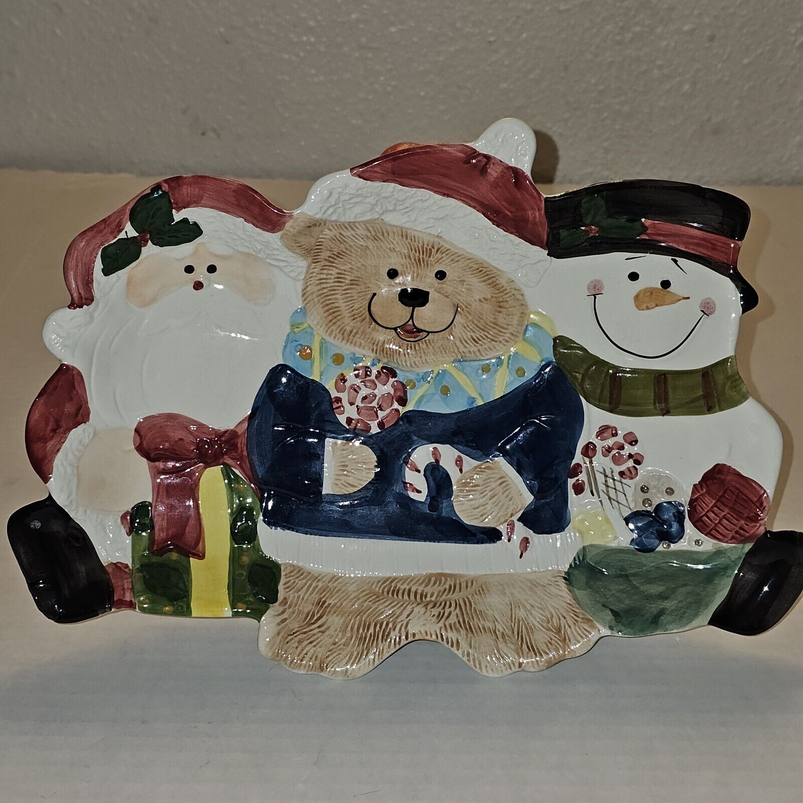 Vintage Christmas Centerpiece Dish Santa, Bear And Snowman Hand Painted