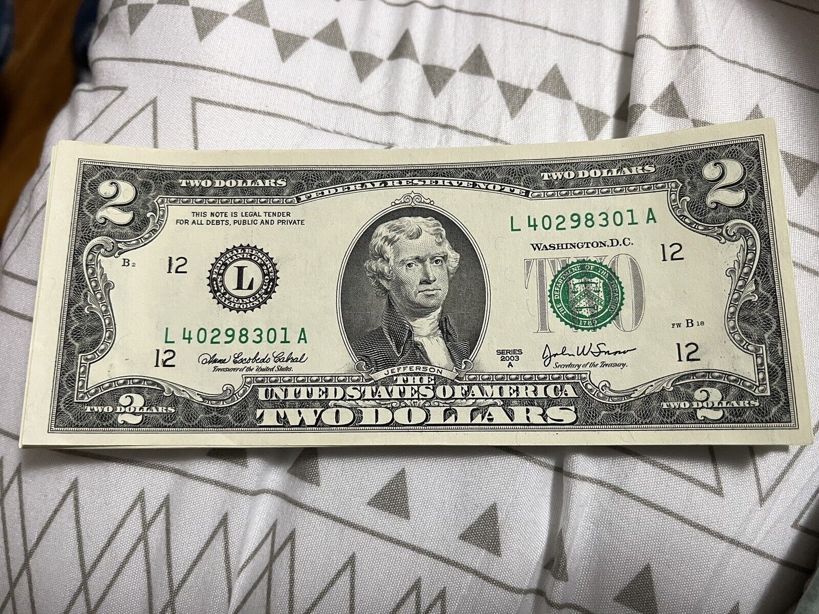 2003 Series A 2 dollar bill