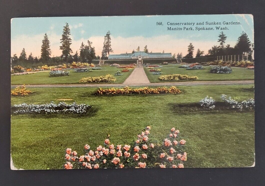 Spokane WA Vintage Postcard (1914) Manito Park Conservatory Sunken Garden P942