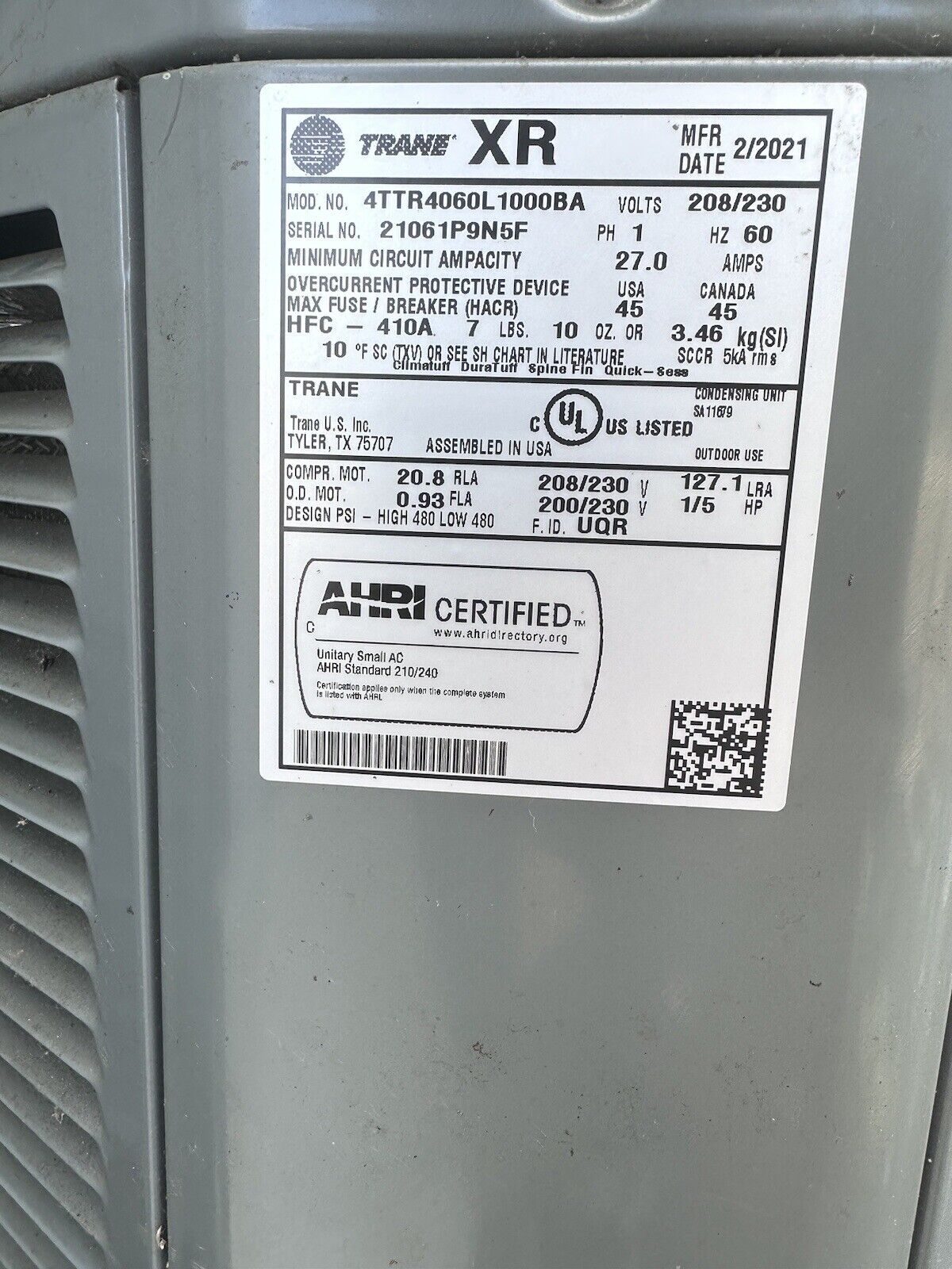 Trane XR 13 SEER 5 Ton Air Conditioner