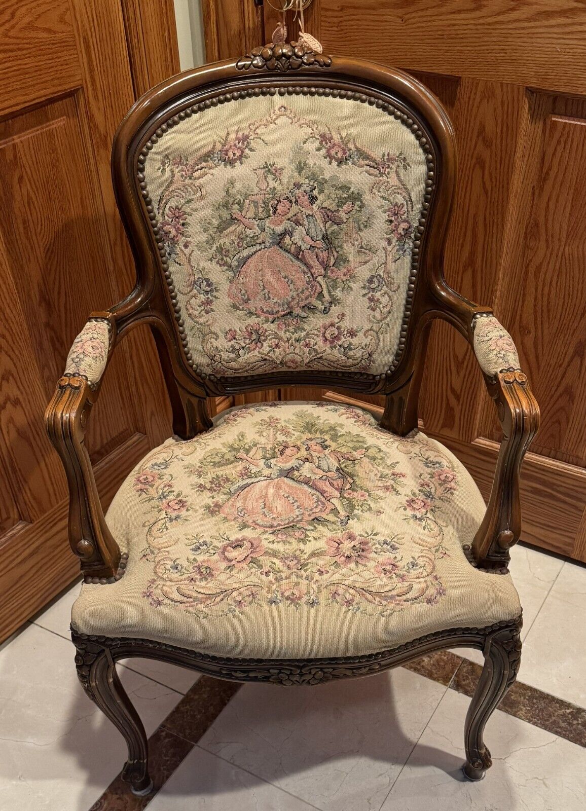 RARE ANTIQUE FRENCH NEEDLEPOINT Chateau D\'Ax Spa French Louis XV Fauteuil Chair