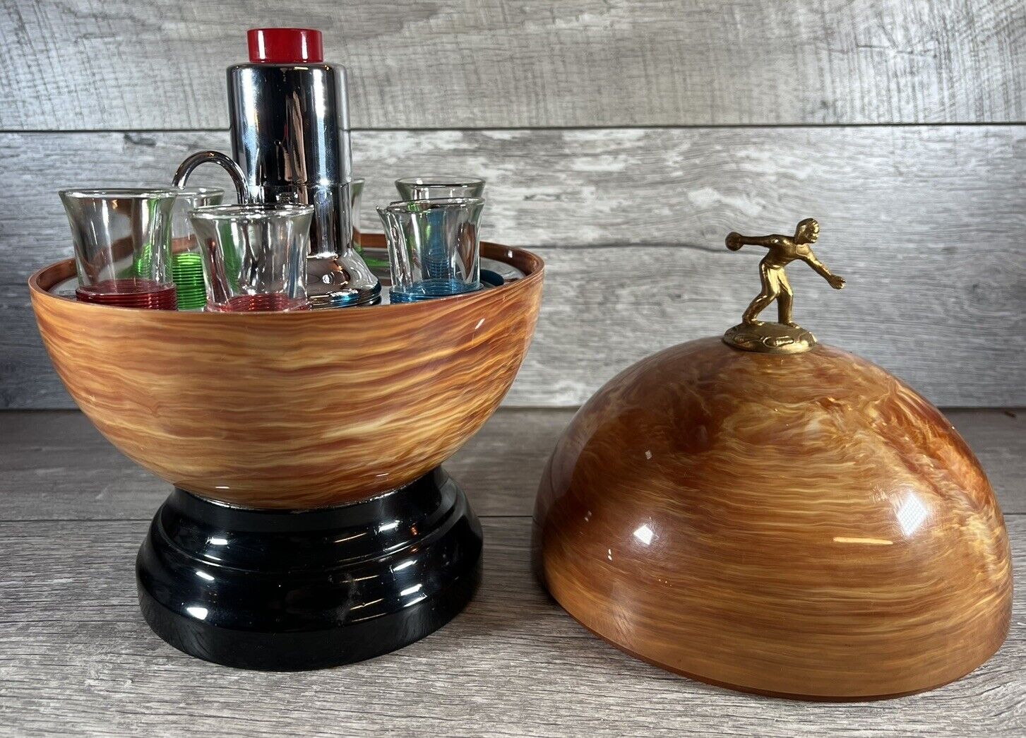 Vintage Marbled Bowling Ball Decanter Set 6 Shot Glasses - MCM Barware- (READ)