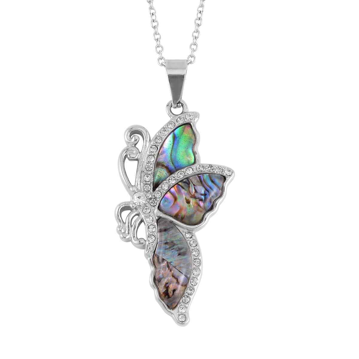 Stainless Steel Abalone Shell Black Crystal Pendant Necklace Jewelry Size 20\