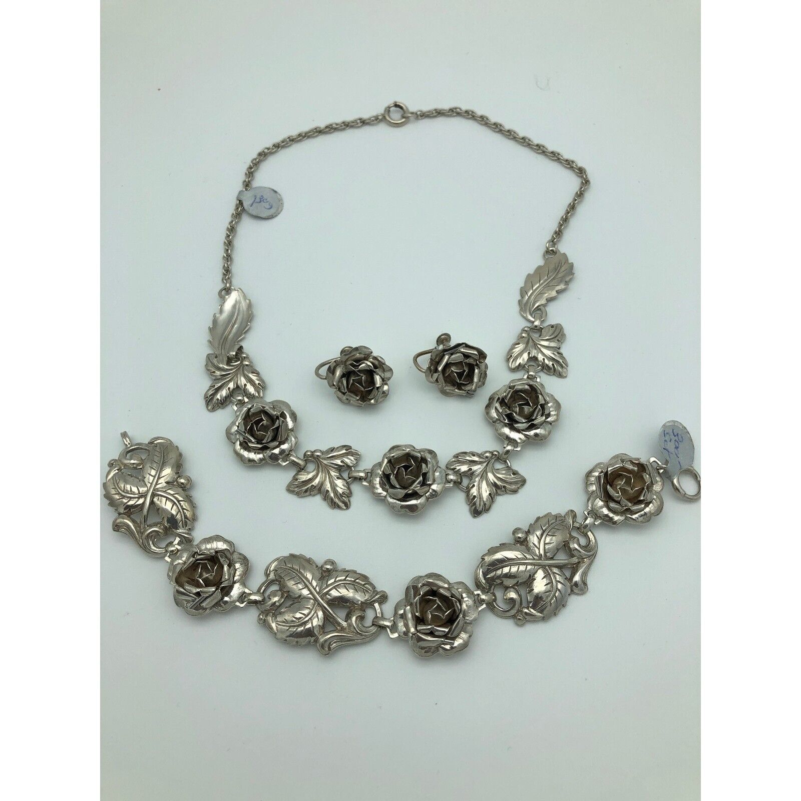 Vintage Sterling Silver English Rose Necklace Bracelet Earrings Set