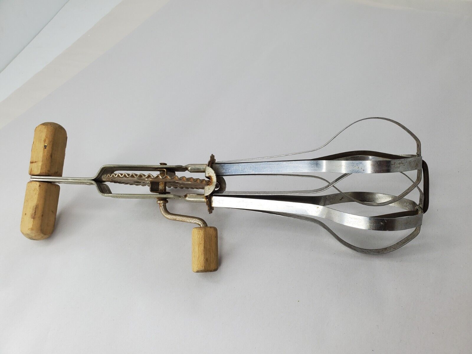 Antique Egg Beater Hand Mixer Wood Handle Crank Stainless Steel