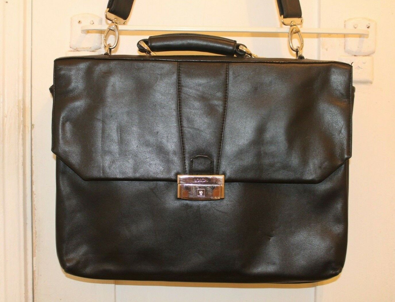 BOSCA Black Soft Leather Double Gusset Flapover Briefcase Messenger Bag