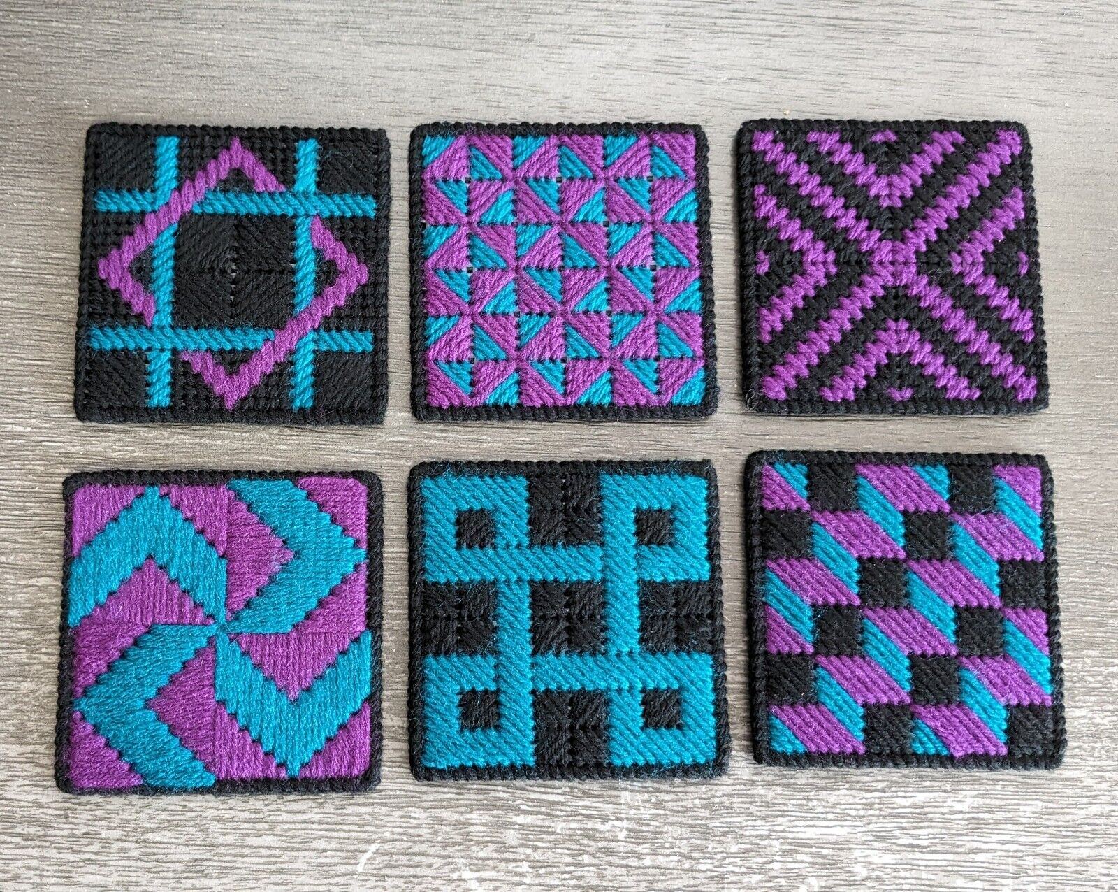 Set Of 6 Plastic Canvas Patchwork Coasters