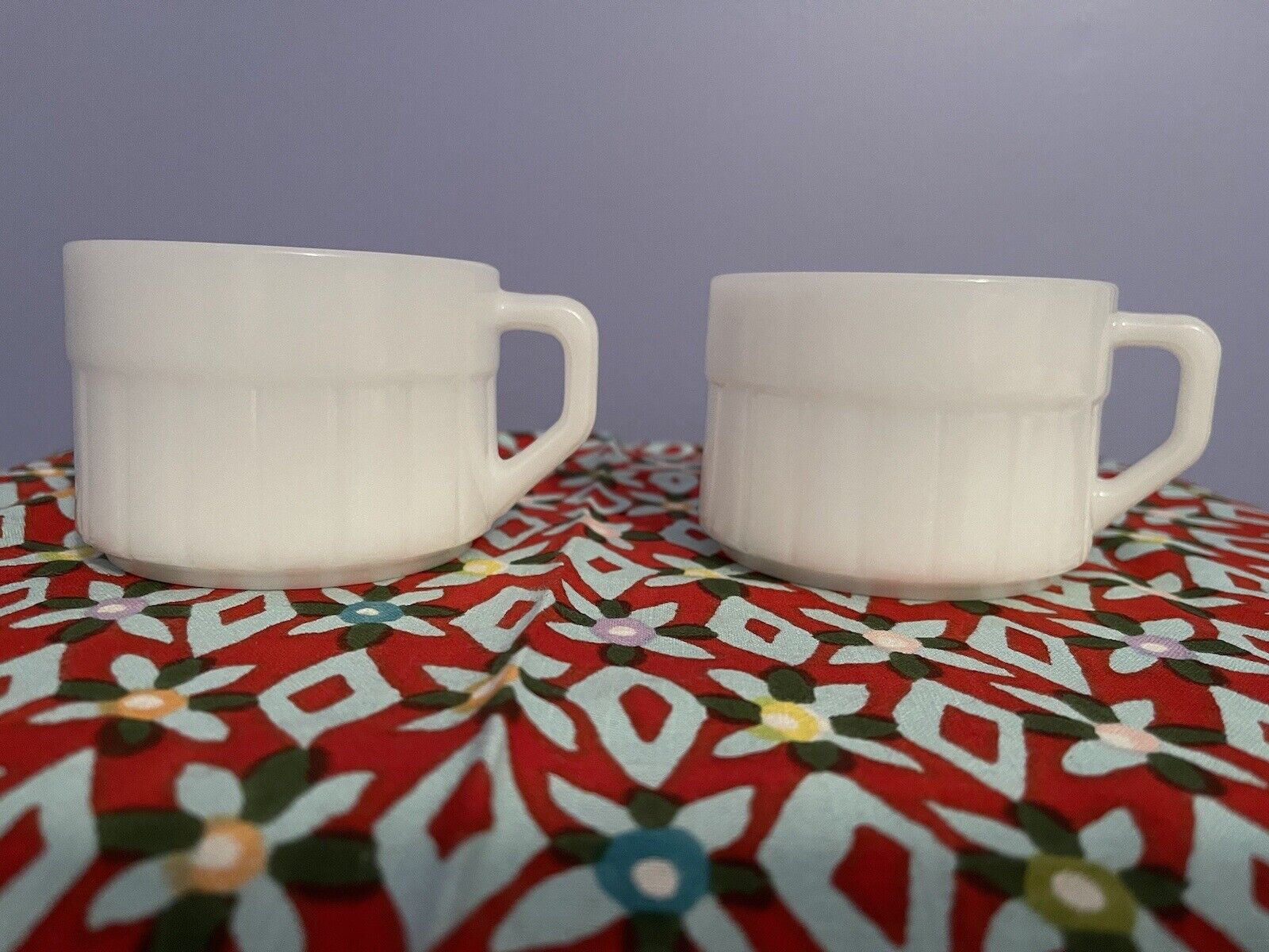 Vintage Federal Soup Mug Cups (2) Stackable Ribbed Milk Glass Heatproof USA