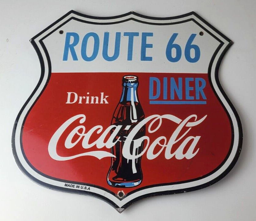 Vintage Coca Cola Diner Sign - Route 66 Gas Oil Pump Restaurant Porcelain Sign